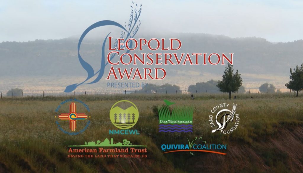 Ute Creek Cattle Company landscape with logos of New Mexico partners who sponsored the Leopold Conservation Award. 